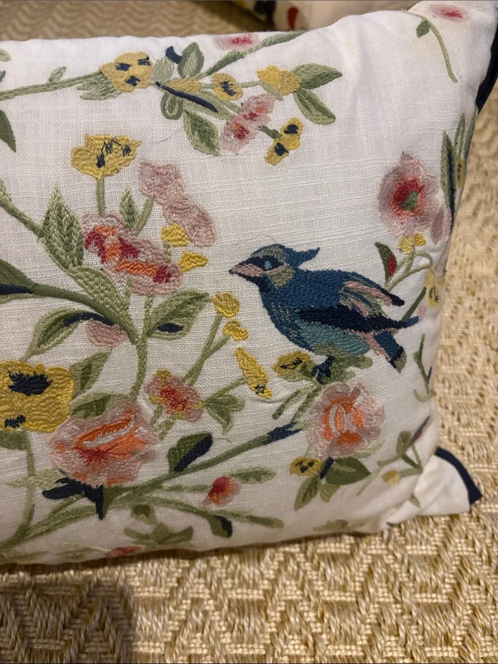 Target Floral Bird Embroidered Accent Pillow in White, Blue, Green, Yellow, Pink